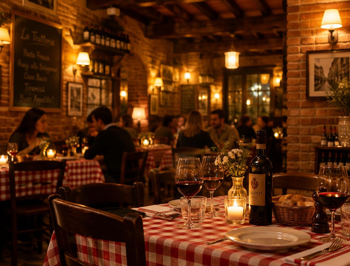Mysig trattoria med rutiga dukar och levande ljus