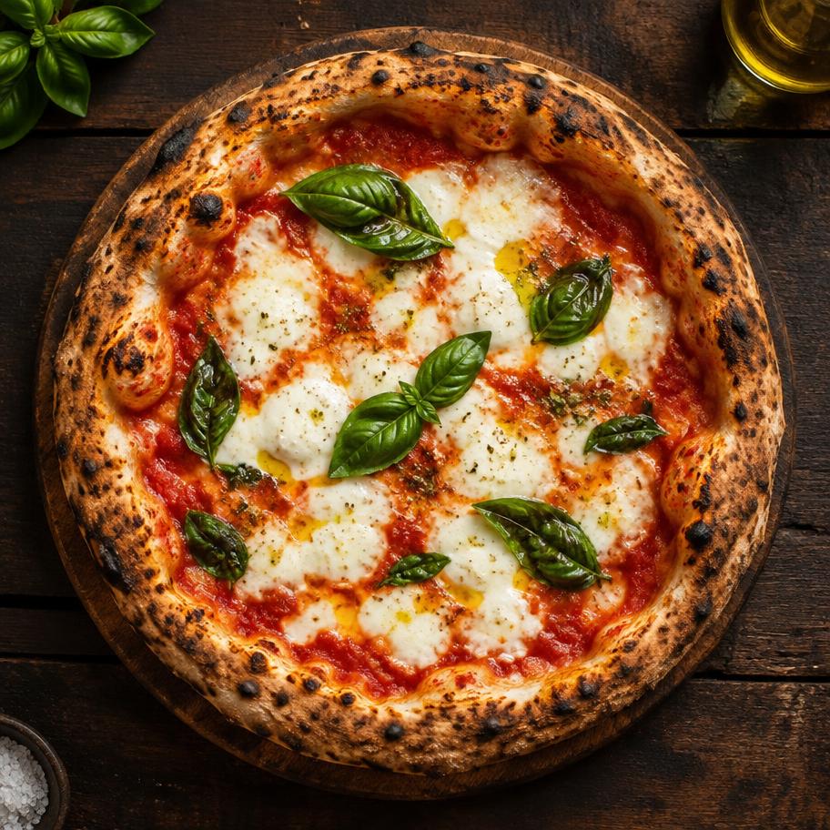 Margherita sedd uppifrån på ett mörkt träbord